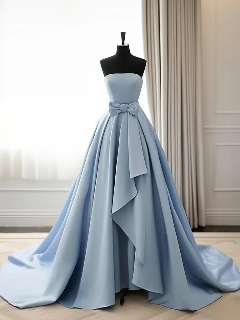 Satin Strapless Ball Gown 2025 Bow Bridesmaid Dress for Women Formal Flowy A-Line Hi-Lo Wedding Dress with Train