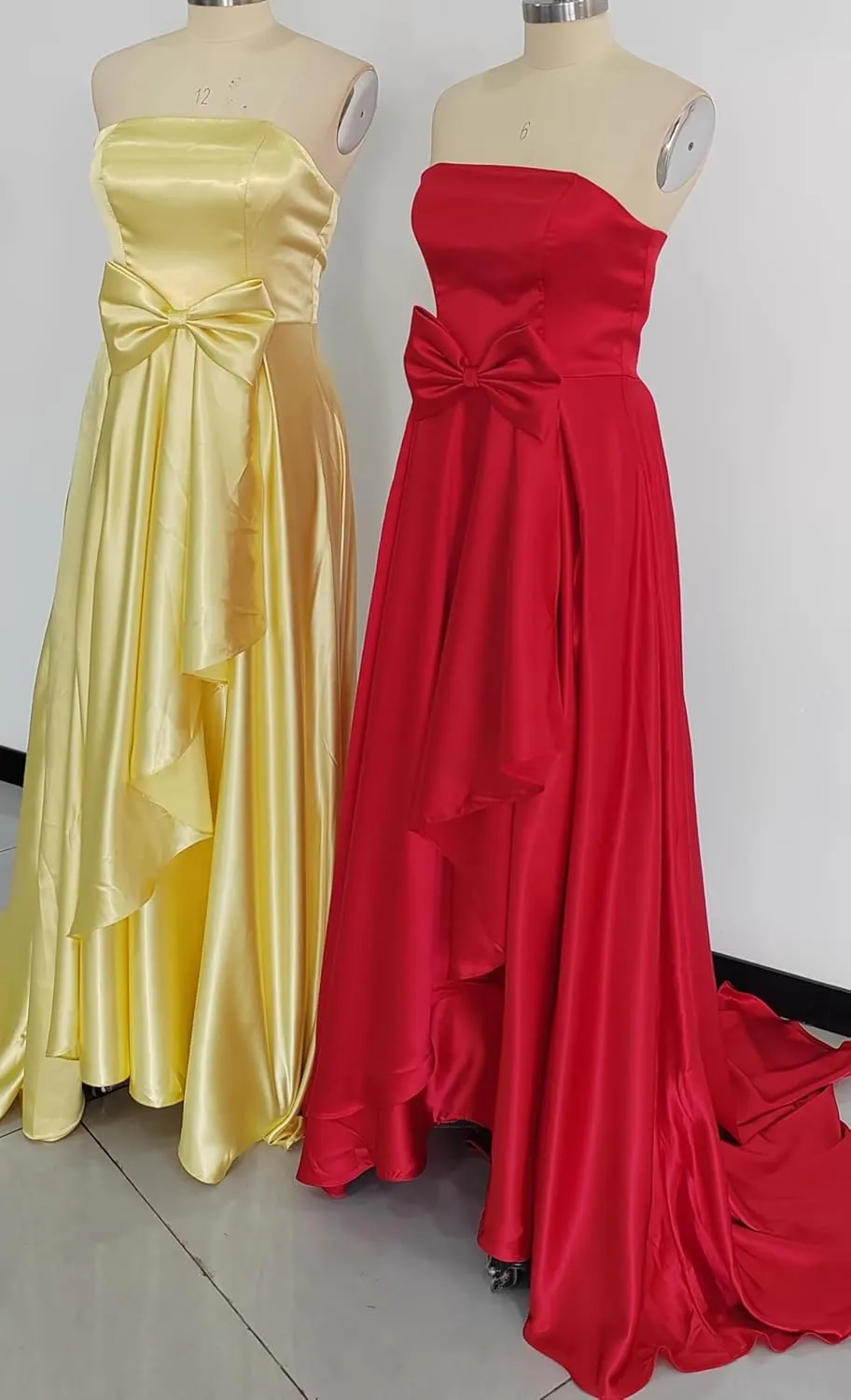 Satin Strapless Ball Gown 2025 Bow Bridesmaid Dress for Women Formal Flowy A-Line Hi-Lo Wedding Dress with Train