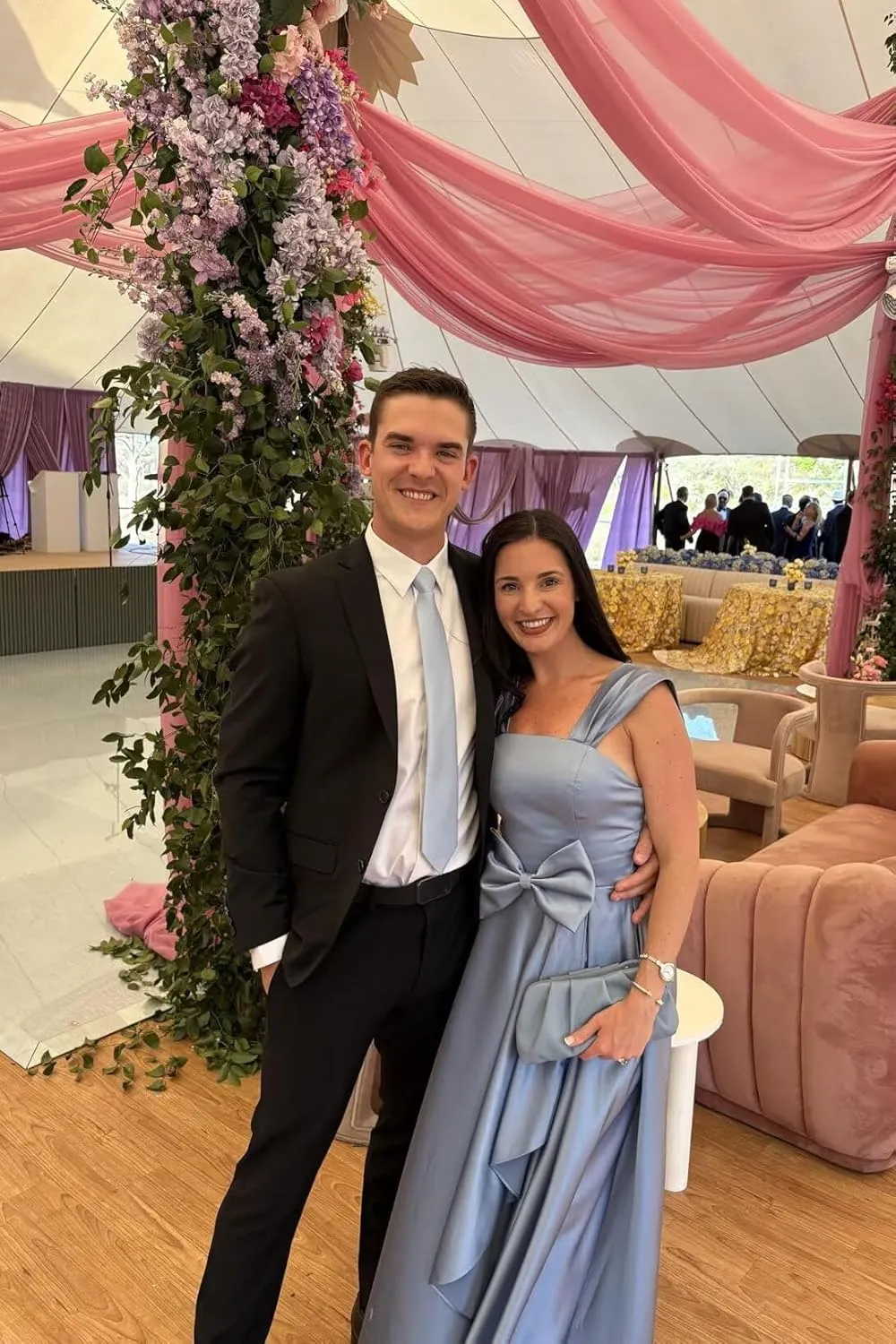 Satin Strapless Ball Gown 2025 Bow Bridesmaid Dress for Women Formal Flowy A-Line Hi-Lo Wedding Dress with Train