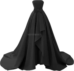 Satin Strapless Ball Gown 2025 Bow Bridesmaid Dress for Women Formal Flowy A-Line Hi-Lo Wedding Dress with Train