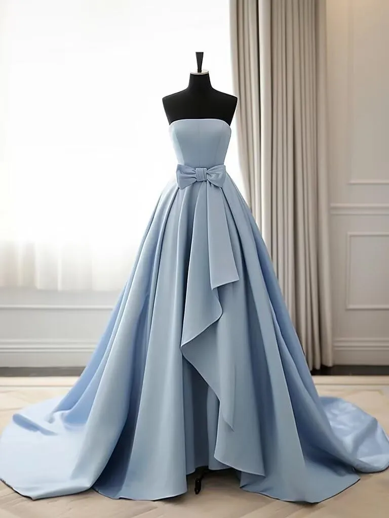 Satin Strapless Ball Gown 2025 Bow Bridesmaid Dress for Women Formal Flowy A-Line Hi-Lo Wedding Dress with Train