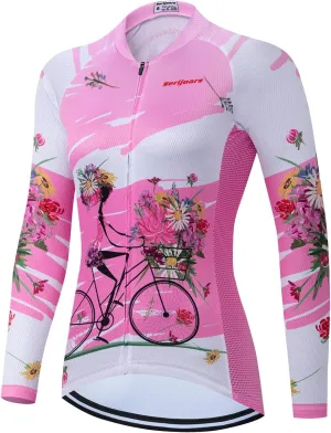 Serijoars Women's Long Sleeve Cycling Jersey MTB Shirts Quick Dry Bike Tops with Reflective Strip