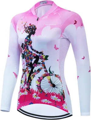 Serijoars Women's Long Sleeve Cycling Jersey MTB Shirts Quick Dry Bike Tops with Reflective Strip