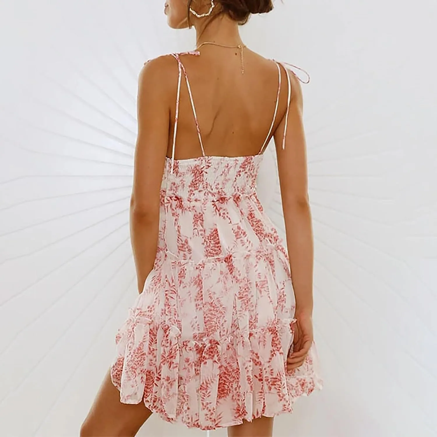 Sexy Dresses for Women Date Night Spaghetti Strap Smocked Tiered Short Floral Dress Chiffon Ruffle Boho Mini Dress