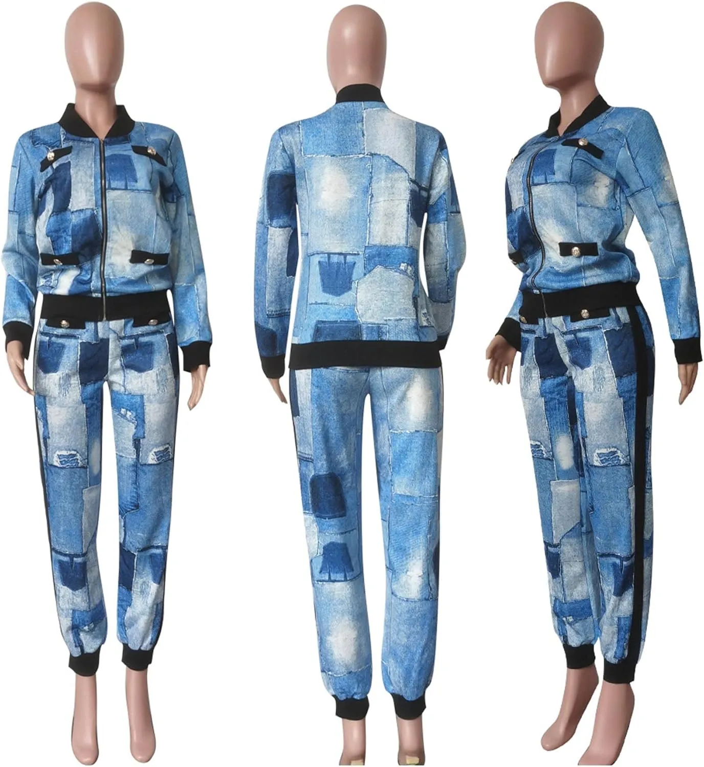 Sexyshine Women's Casual 2 Piece Outfits Printed Long Sleeve Zip Up Jacket Baggy Long Pants Workout Tracksuit Set Suits