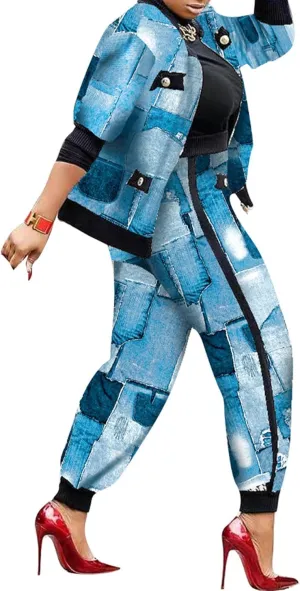 Sexyshine Women's Casual 2 Piece Outfits Printed Long Sleeve Zip Up Jacket Baggy Long Pants Workout Tracksuit Set Suits