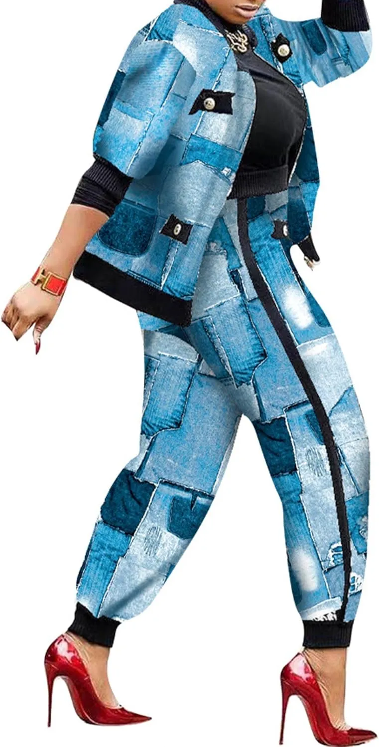 Sexyshine Women's Casual 2 Piece Outfits Printed Long Sleeve Zip Up Jacket Baggy Long Pants Workout Tracksuit Set Suits