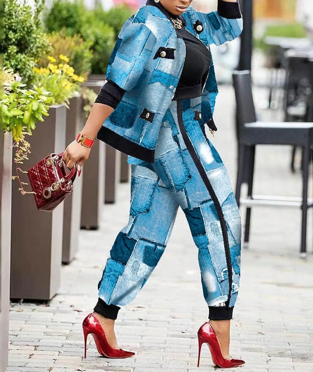 Sexyshine Women's Casual 2 Piece Outfits Printed Long Sleeve Zip Up Jacket Baggy Long Pants Workout Tracksuit Set Suits