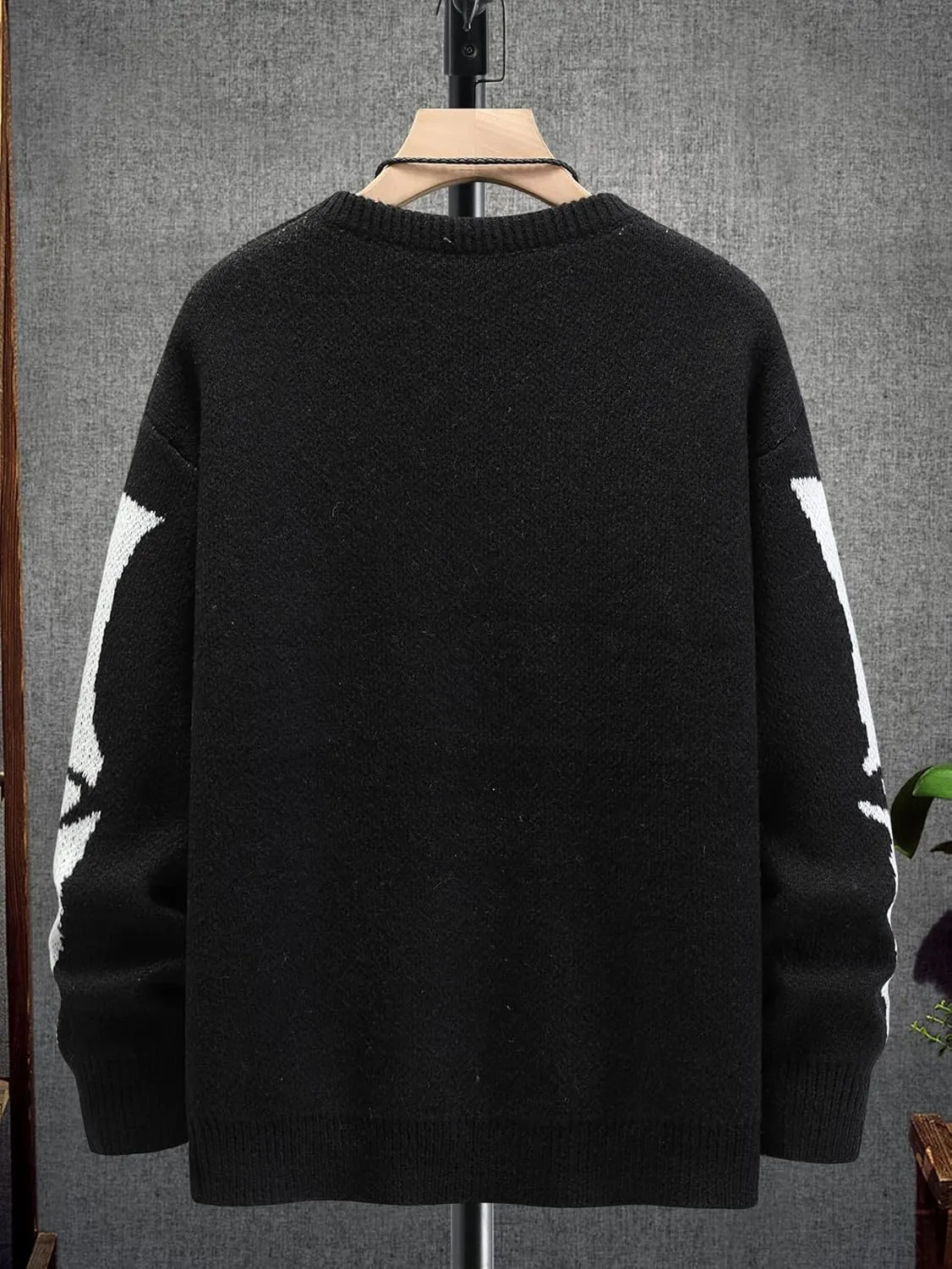 SHENHE Men's Casual Knit Pullover Color Block Skeleton Pattern Halloween Sweater