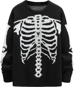 SHENHE Men's Casual Knit Pullover Color Block Skeleton Pattern Halloween Sweater