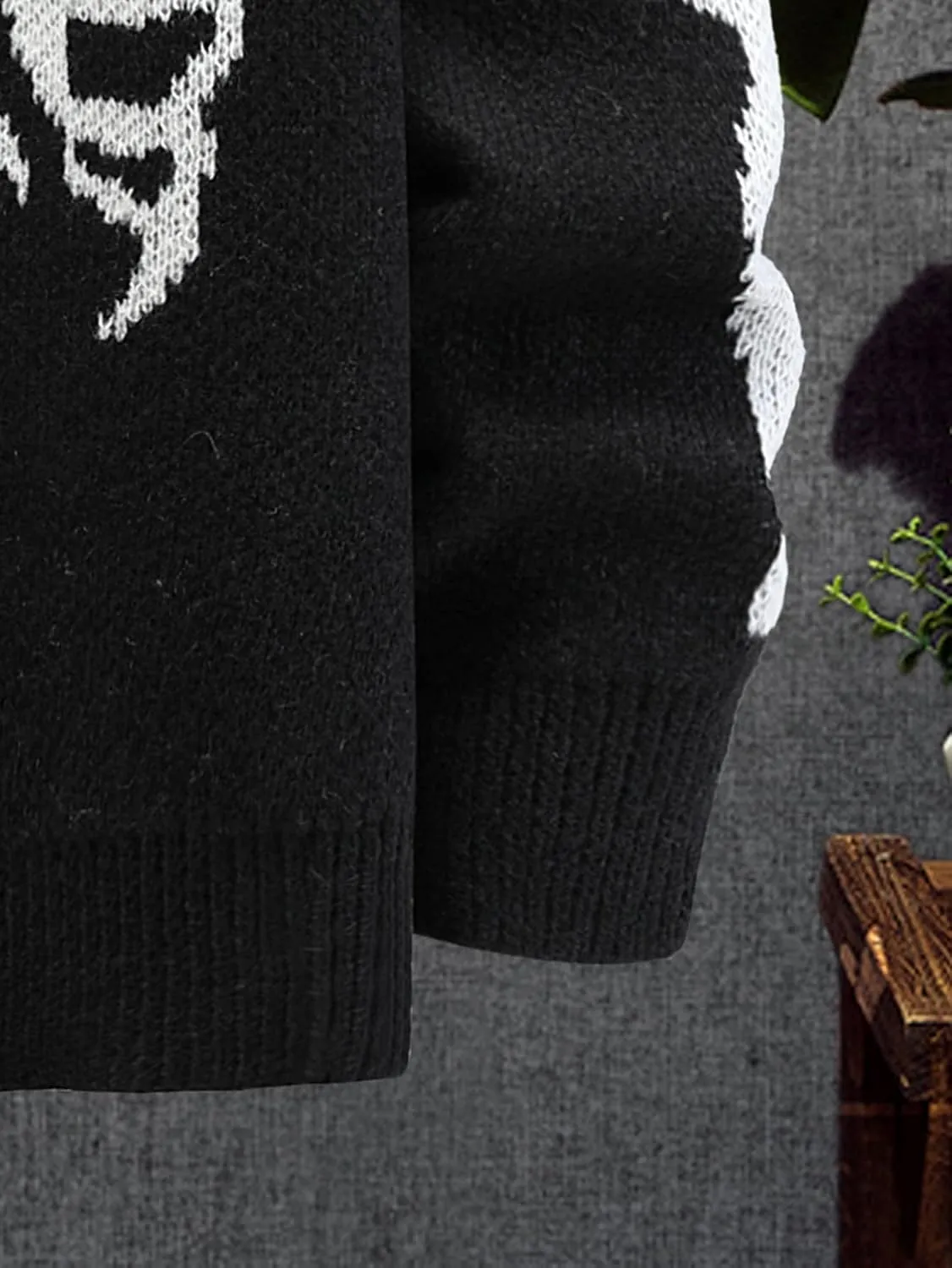SHENHE Men's Casual Knit Pullover Color Block Skeleton Pattern Halloween Sweater