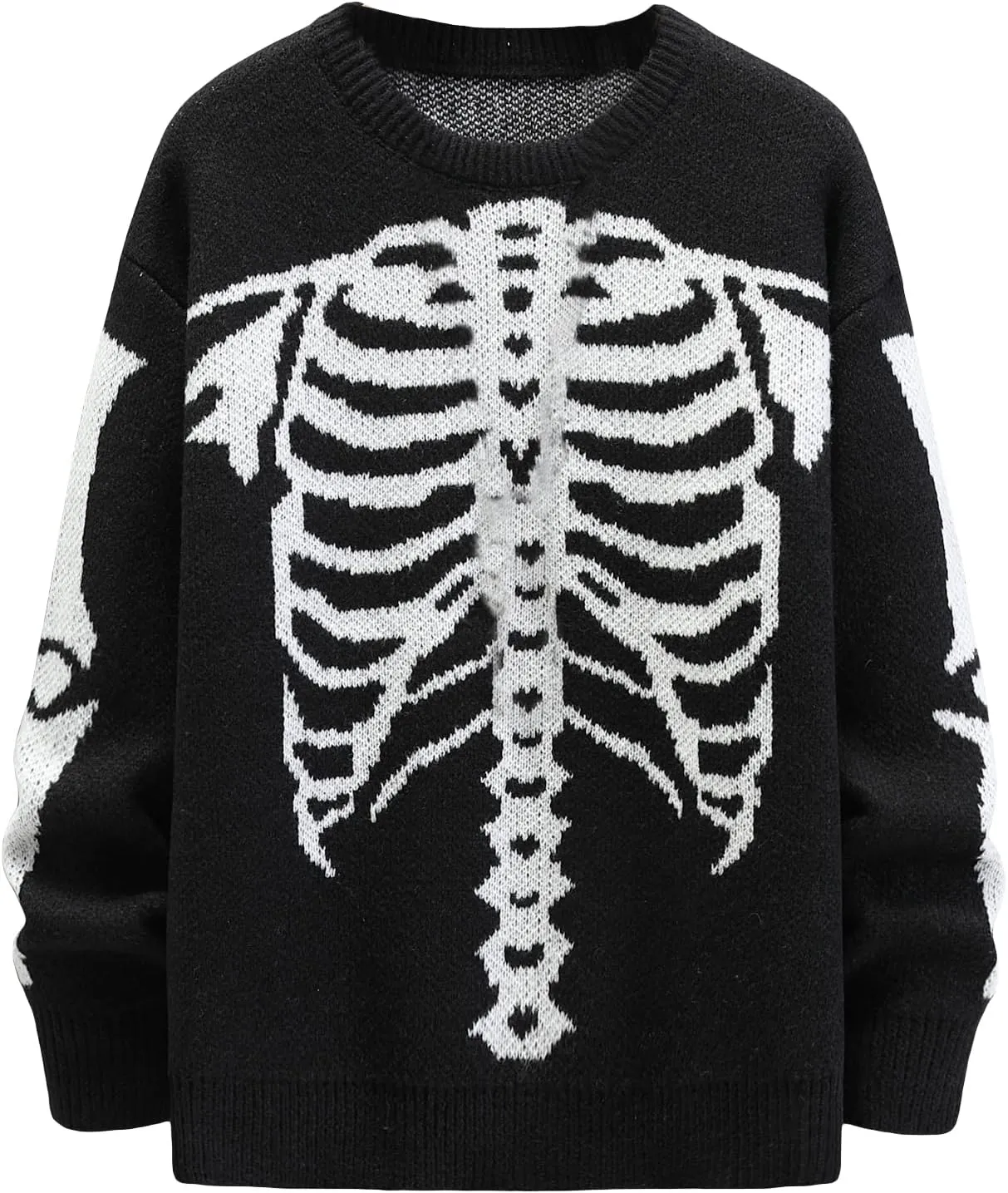 SHENHE Men's Casual Knit Pullover Color Block Skeleton Pattern Halloween Sweater
