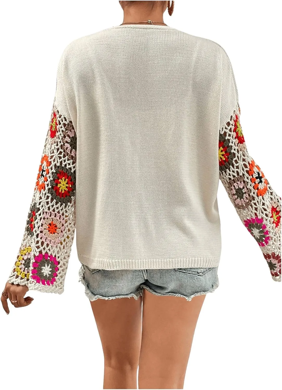 SHENHE Women's Floral Crochet Bell Sleeve Open Front Loose Boho Cardigan Knitwear