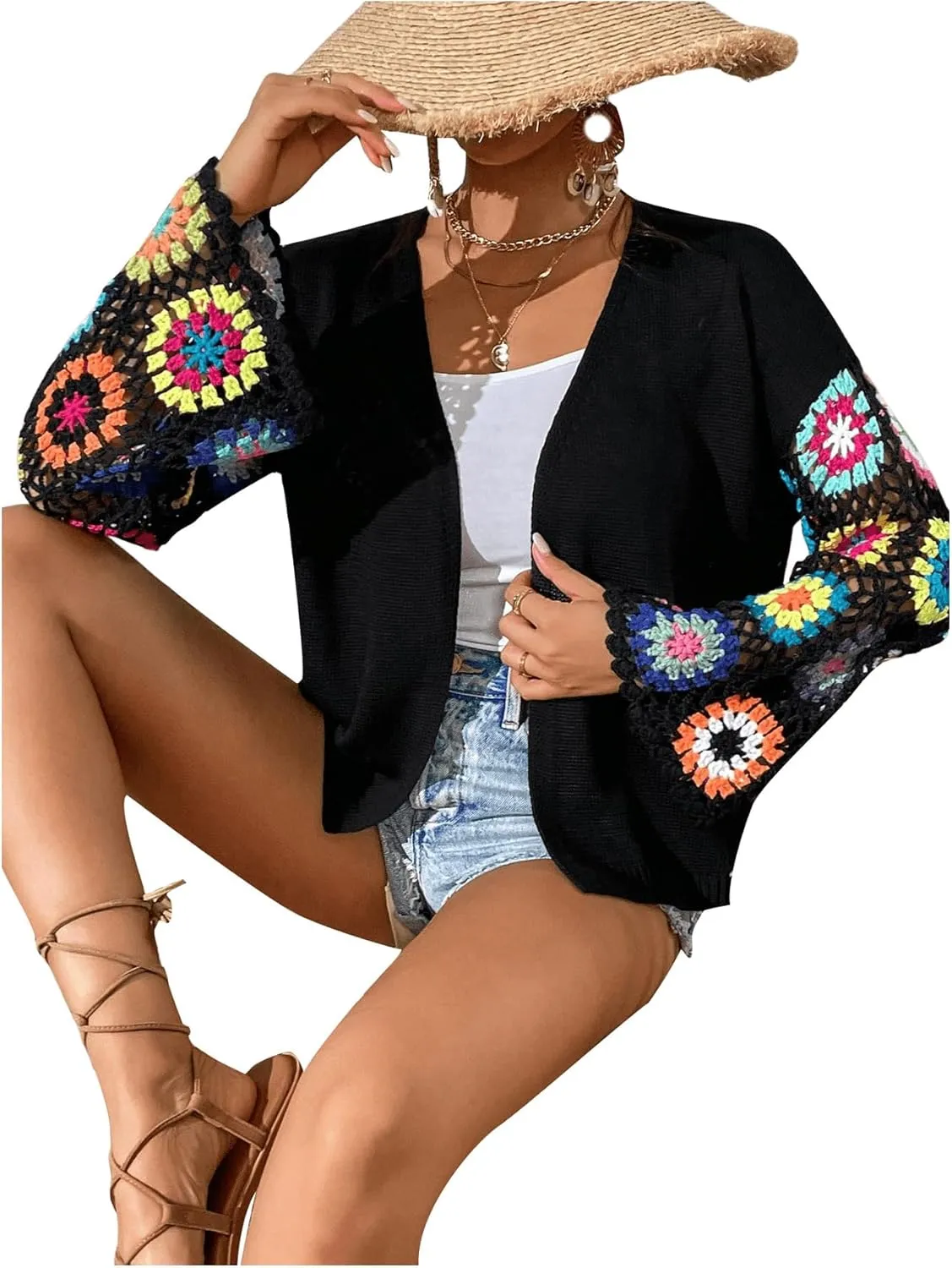SHENHE Women's Floral Crochet Bell Sleeve Open Front Loose Boho Cardigan Knitwear