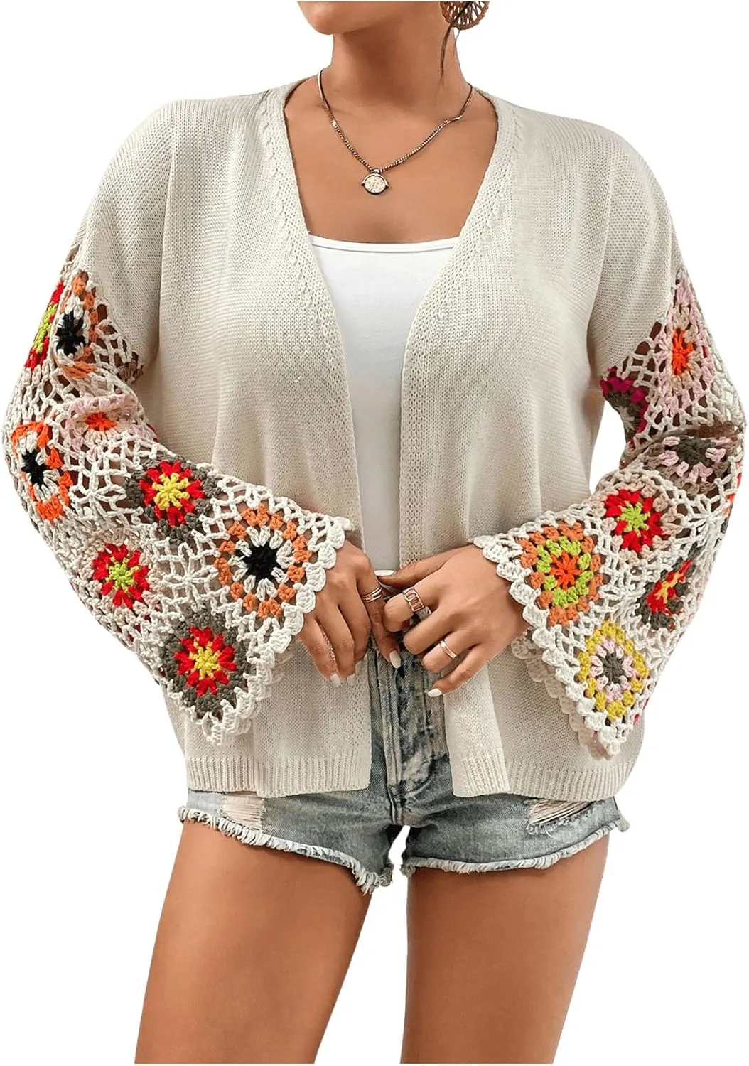 SHENHE Women's Floral Crochet Bell Sleeve Open Front Loose Boho Cardigan Knitwear