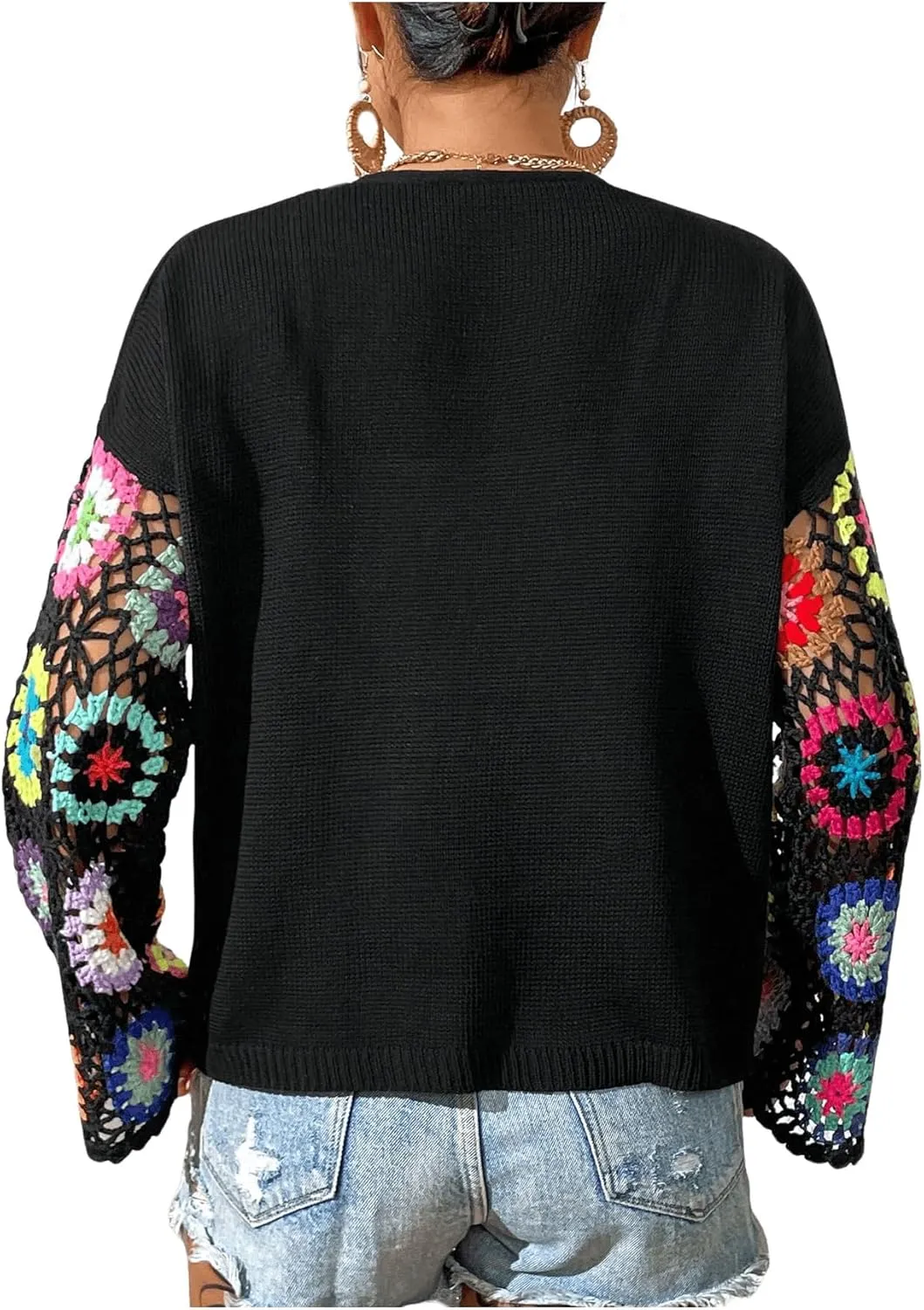 SHENHE Women's Floral Crochet Bell Sleeve Open Front Loose Boho Cardigan Knitwear