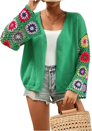 SHENHE Women's Floral Crochet Bell Sleeve Open Front Loose Boho Cardigan Knitwear