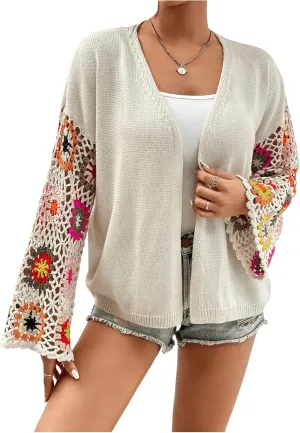SHENHE Women's Floral Crochet Bell Sleeve Open Front Loose Boho Cardigan Knitwear