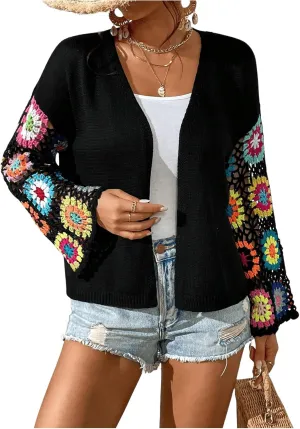 SHENHE Women's Floral Crochet Bell Sleeve Open Front Loose Boho Cardigan Knitwear