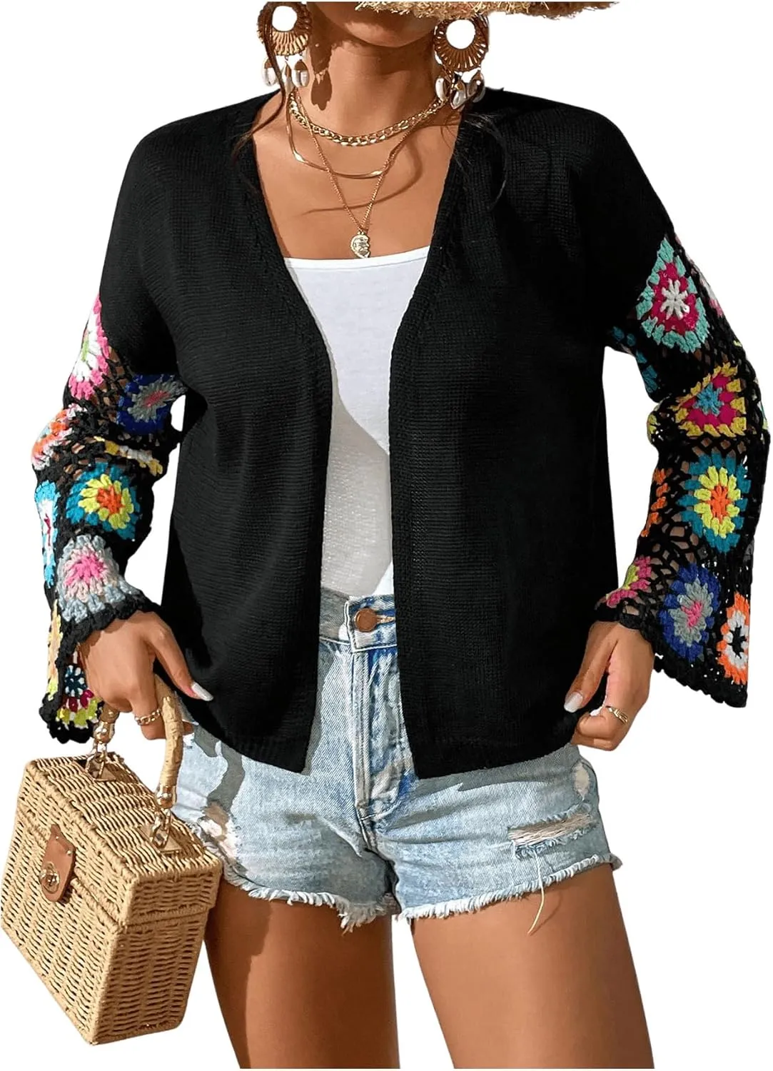 SHENHE Women's Floral Crochet Bell Sleeve Open Front Loose Boho Cardigan Knitwear