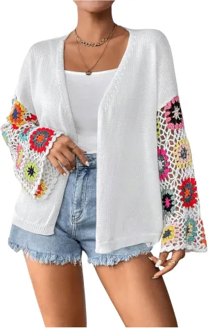 SHENHE Women's Floral Crochet Bell Sleeve Open Front Loose Boho Cardigan Knitwear