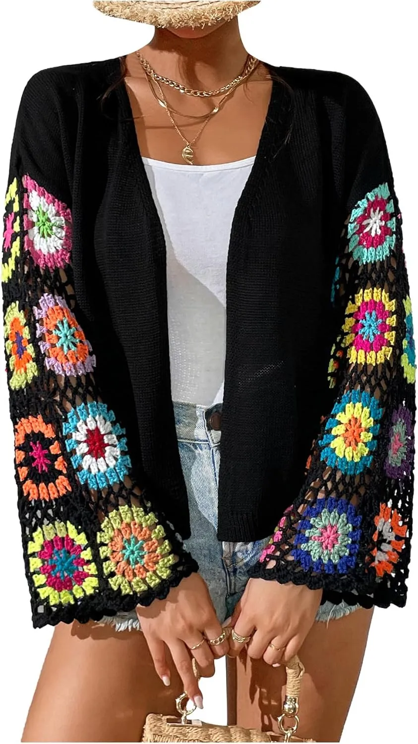 SHENHE Women's Floral Crochet Bell Sleeve Open Front Loose Boho Cardigan Knitwear