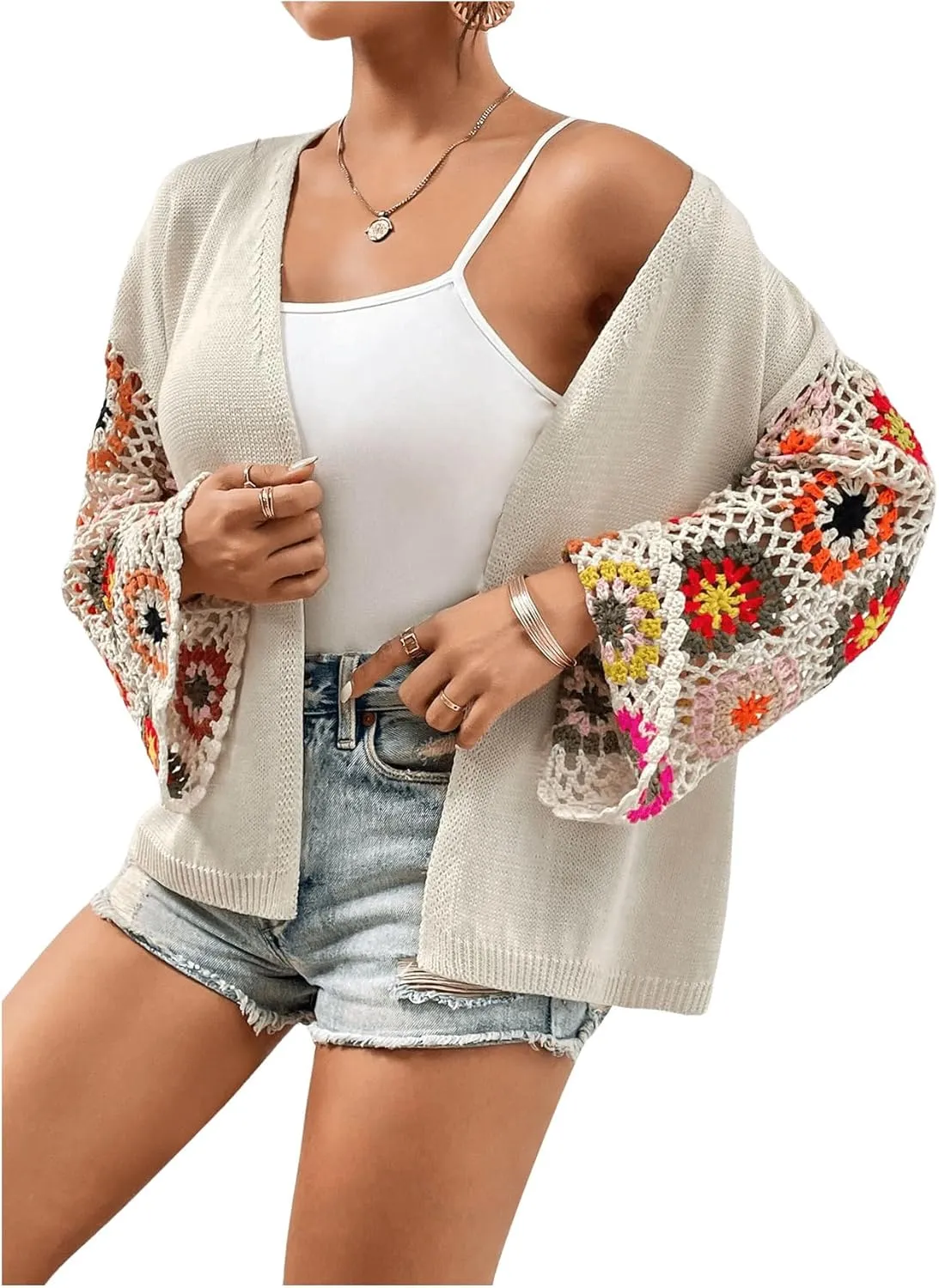 SHENHE Women's Floral Crochet Bell Sleeve Open Front Loose Boho Cardigan Knitwear
