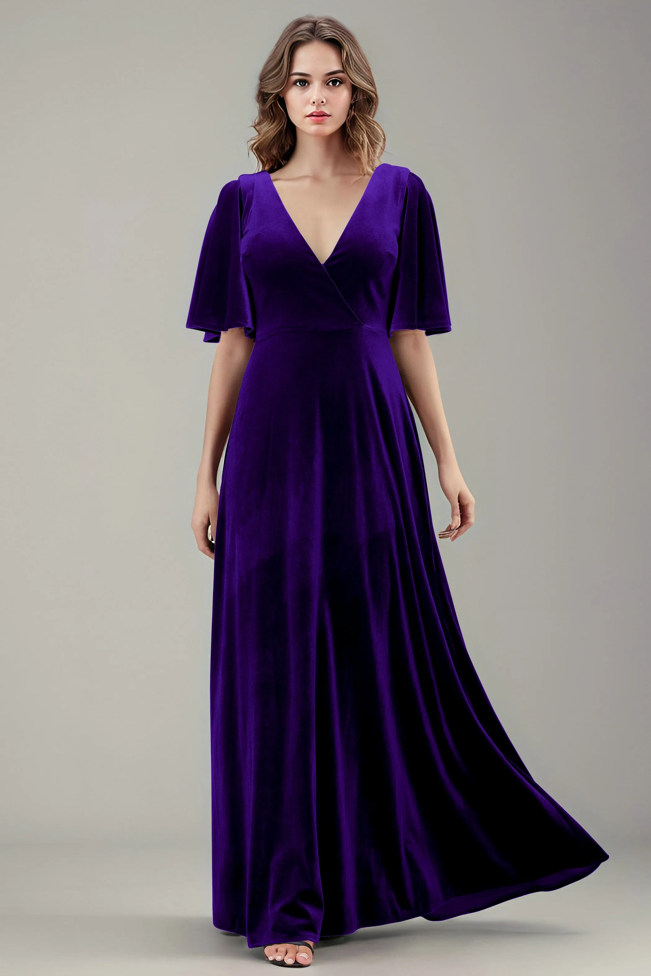 Simple V-Neck A-Line Short Sleeves Floor Length Velvet Bridesmaid Dresses