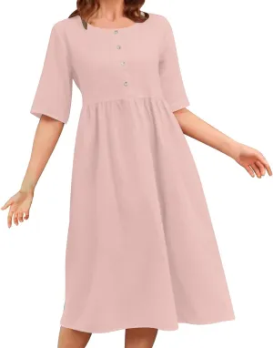 Sinzelimin Linen Dresses for Womens Plus Size Short Sleeves Button up Crewneck Midi Dress Solid Color Cotton Linen Sundress