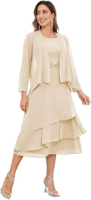 SOLODISH 2 Pieces Tea Length Mother of The Bride Dresses for Wedding Chiffon Formal Dresses for Women