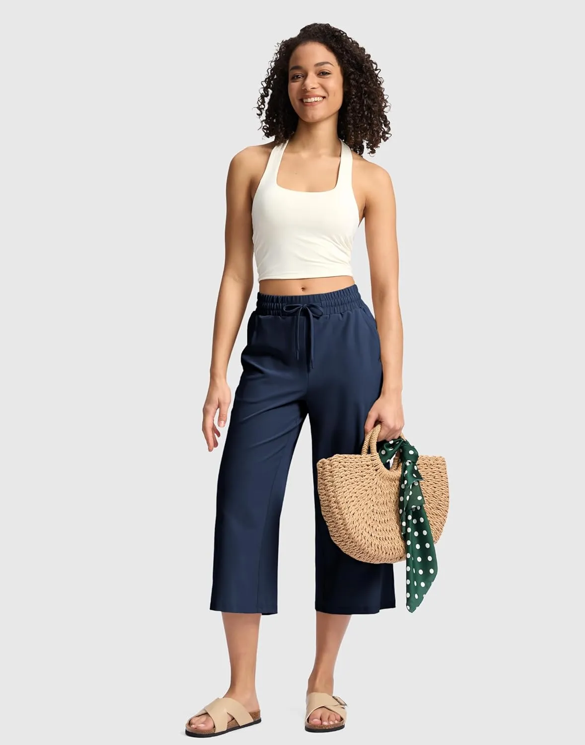 Soothfeel Women's Capri Pants Loose High Waisted Wide Leg Lightweight Travel Hiking Pants for Women Casual Summer with Pocket
