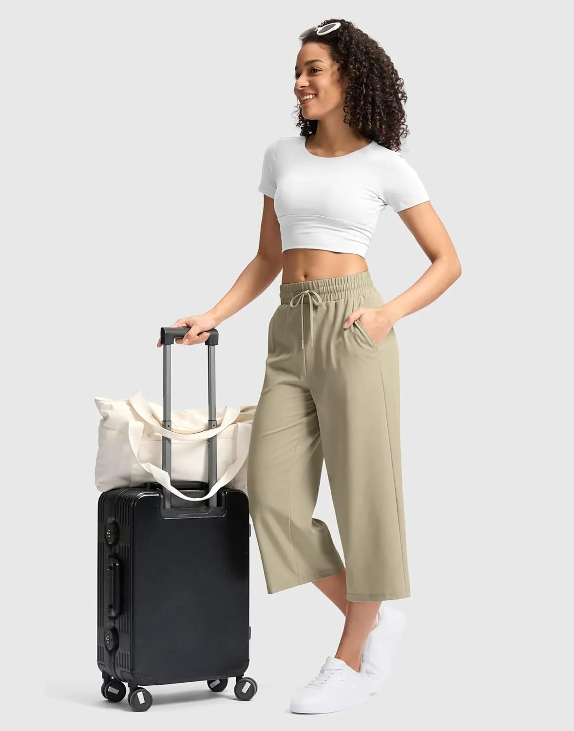 Soothfeel Women's Capri Pants Loose High Waisted Wide Leg Lightweight Travel Hiking Pants for Women Casual Summer with Pocket
