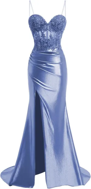 Spaghetti Strap Sweetheart Satin Prom Dresses with Split Lace Appliques Pleated Mermaid Long Evening Gown TM13