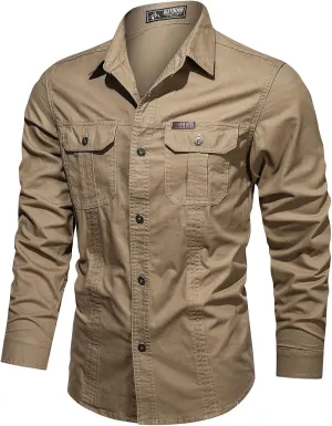 Summer Cargo Shirts for Men Long Sleeve Cotton Button Down Shirts Outdoor Breathable UV Protection Quick Dry Hiking Shirts