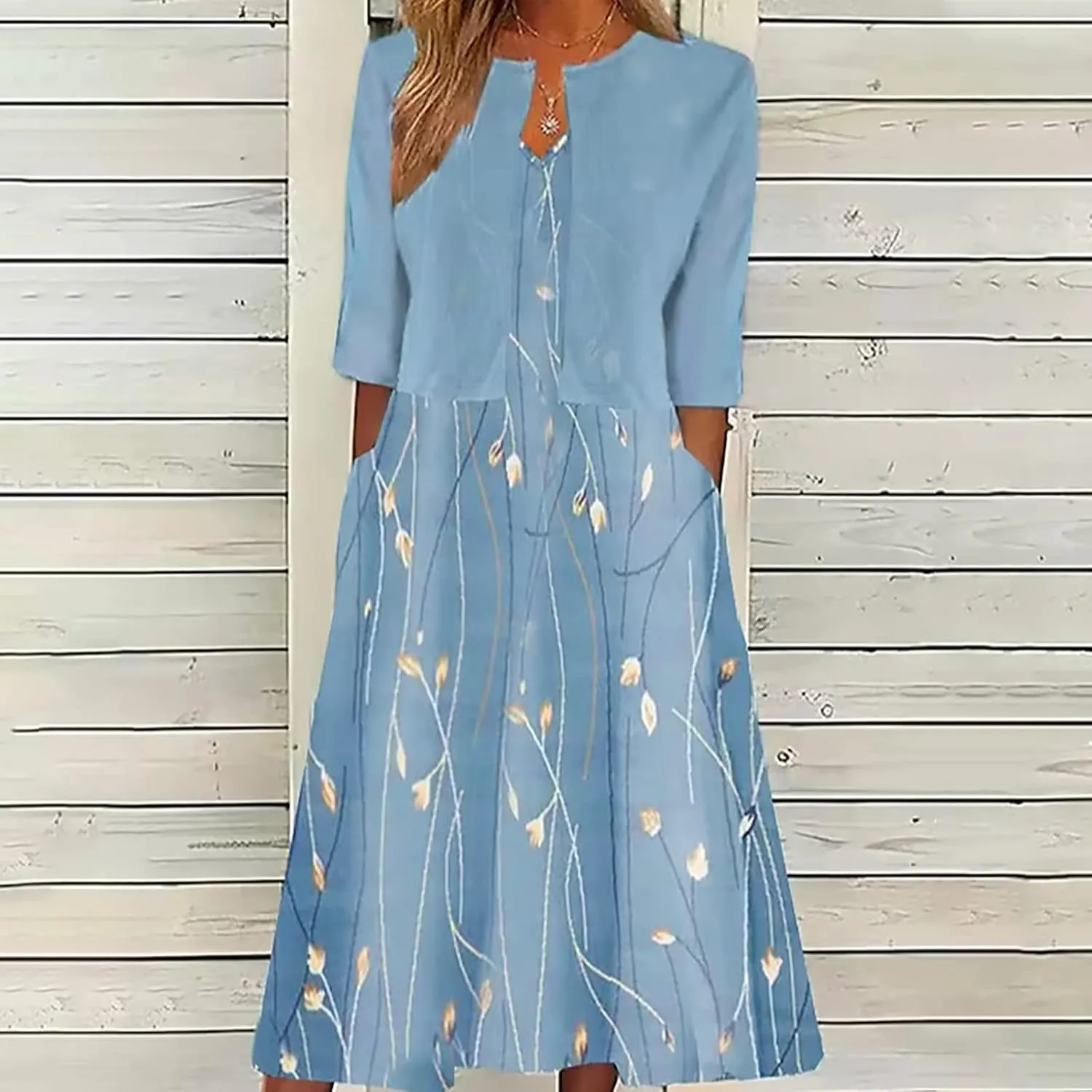 Summer Dress for Womens 2024 Floral Boho Two Piece Dresses with Cardigan Short Sleeve V Neck Flowy A-Line Maxi Dress