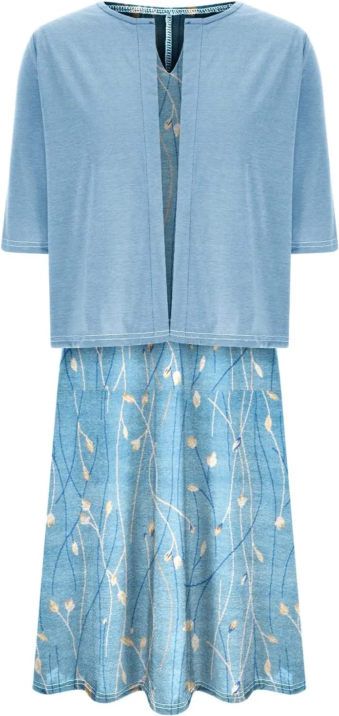 Summer Dress for Womens 2024 Floral Boho Two Piece Dresses with Cardigan Short Sleeve V Neck Flowy A-Line Maxi Dress
