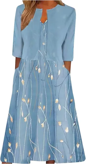 Summer Dress for Womens 2024 Floral Boho Two Piece Dresses with Cardigan Short Sleeve V Neck Flowy A-Line Maxi Dress