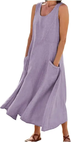 Summer Dresses for Women 2025 Cotton Linen Sleeveless Maxi Dress Casual Beach Plus Size Sundresses with Pockets
