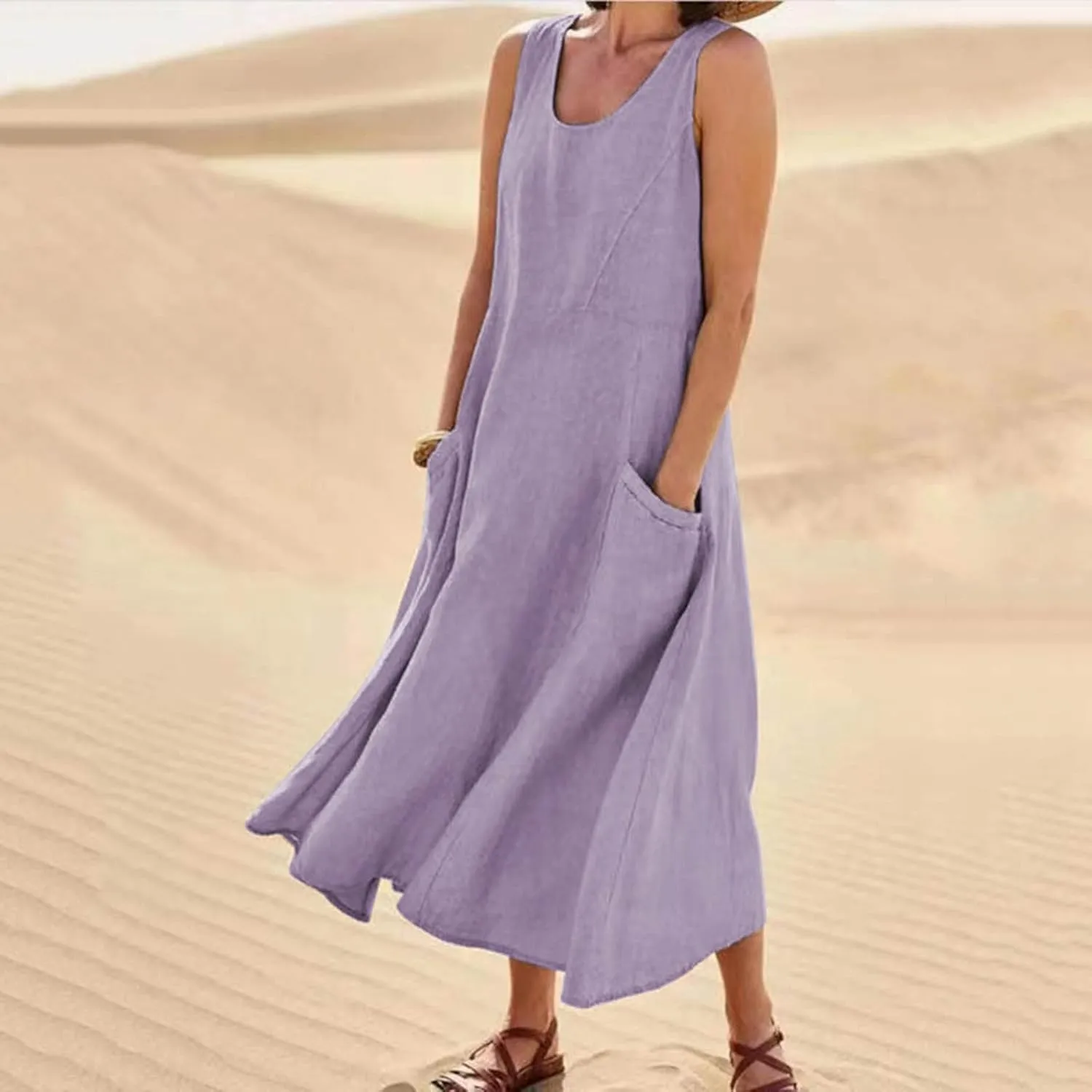 Summer Dresses for Women 2025 Cotton Linen Sleeveless Maxi Dress Casual Beach Plus Size Sundresses with Pockets