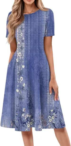 Summer Dresses for Women 2025 Crewneck Short Sleeve A Line Dress Side Pockets Empire Waist Midi Sun Dress Vacation