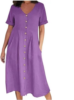 Summer Dresses for Women 2025 Plus Size Flowy Cotton Linen Button Down Sundress Short Sleeve Vacation Beach Dress