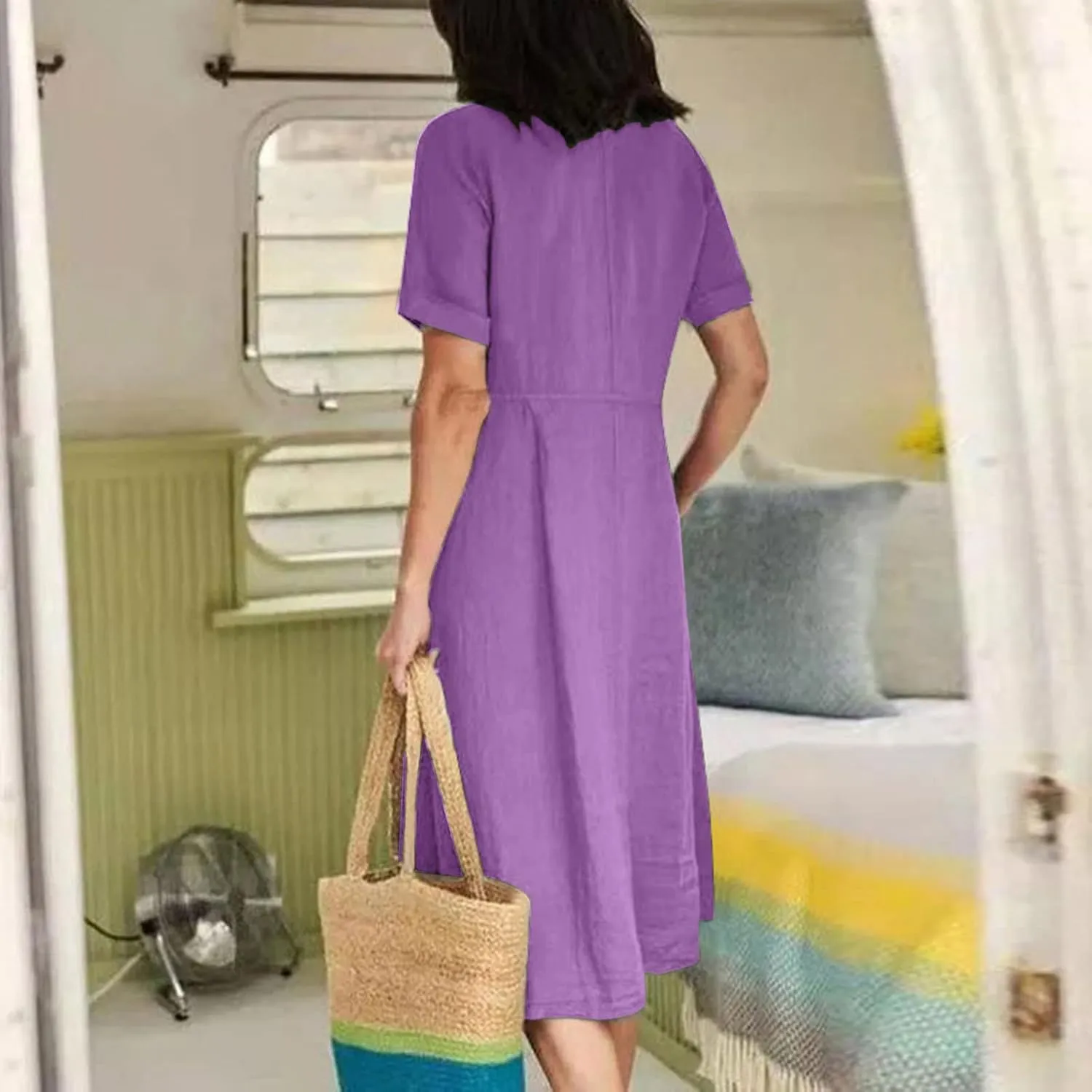 Summer Dresses for Women 2025 Plus Size Flowy Cotton Linen Button Down Sundress Short Sleeve Vacation Beach Dress