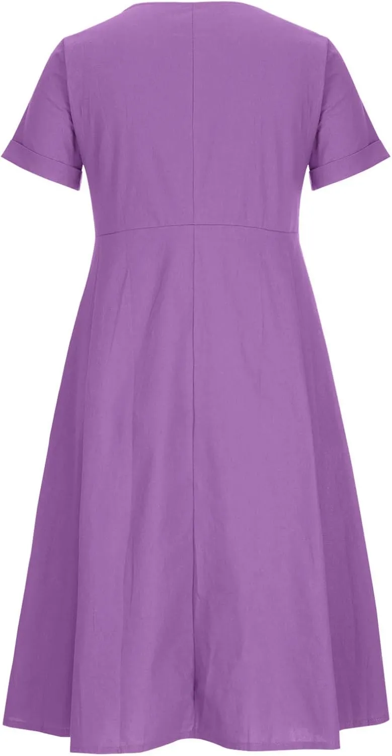 Summer Dresses for Women 2025 Plus Size Flowy Cotton Linen Button Down Sundress Short Sleeve Vacation Beach Dress