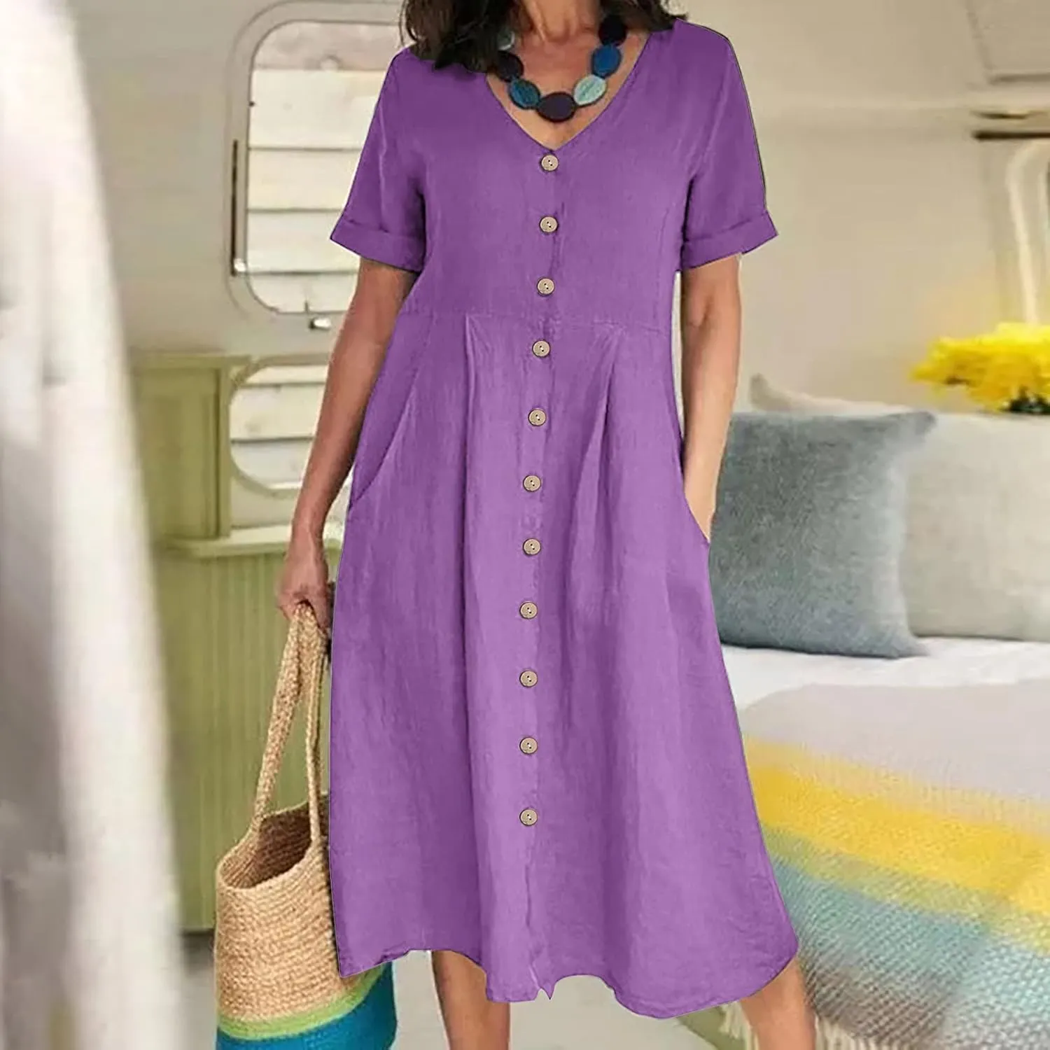 Summer Dresses for Women 2025 Plus Size Flowy Cotton Linen Button Down Sundress Short Sleeve Vacation Beach Dress