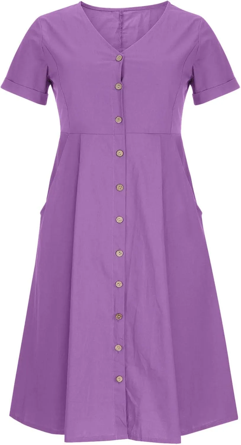 Summer Dresses for Women 2025 Plus Size Flowy Cotton Linen Button Down Sundress Short Sleeve Vacation Beach Dress