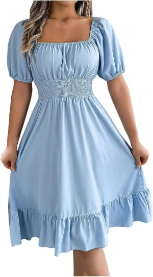 Summer Milkmaid Dresses for Women Square Neck Puff Sleeve Mini Dress Casual Cute ALine Ruffle Flowy Cottagecore Dress