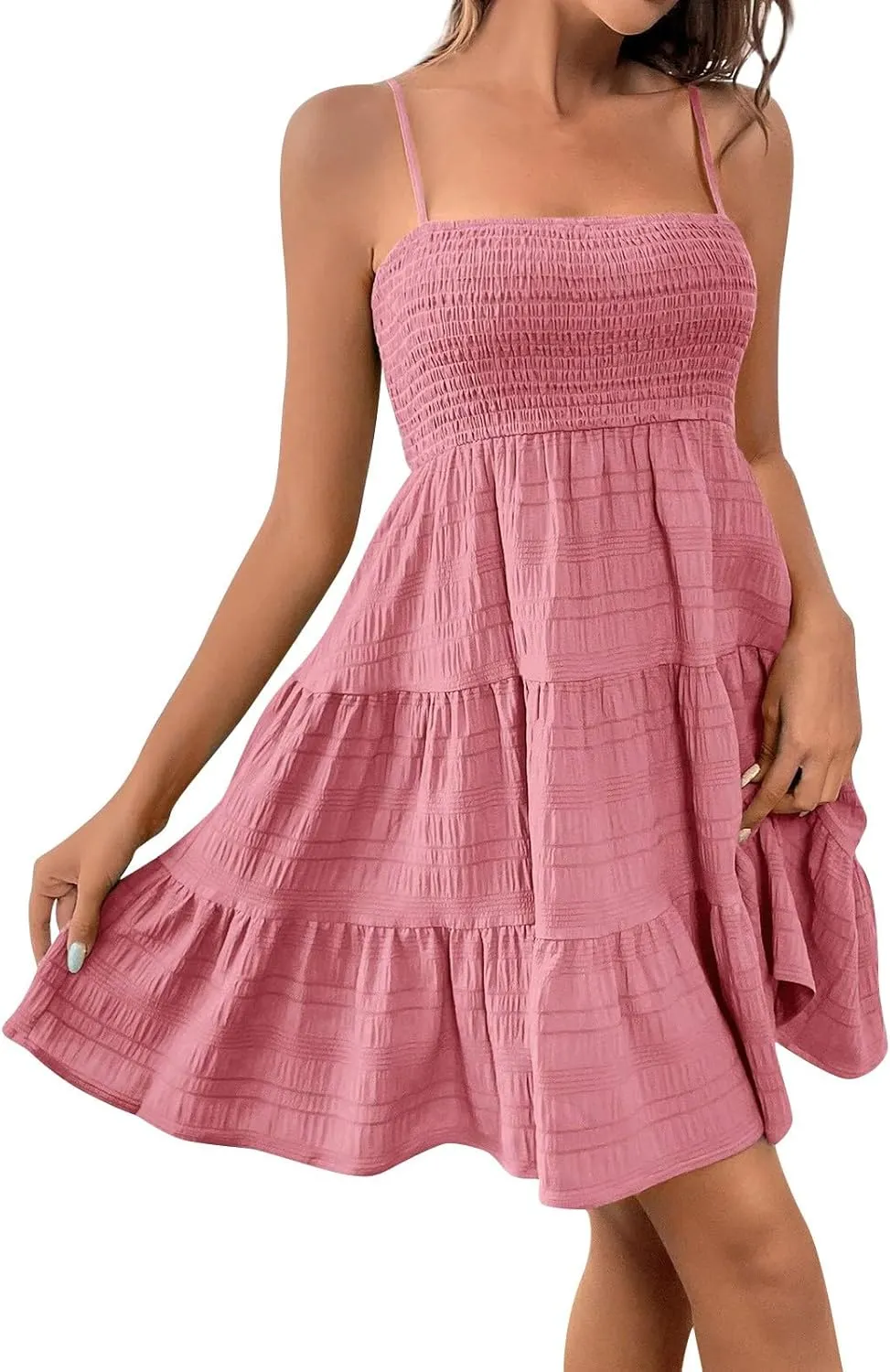 Sundresses for Women Cute Spaghetti Strap Smocked Tiered Mini Dress Casual Summer Boho Flowy Swing Beach Sun Dresses