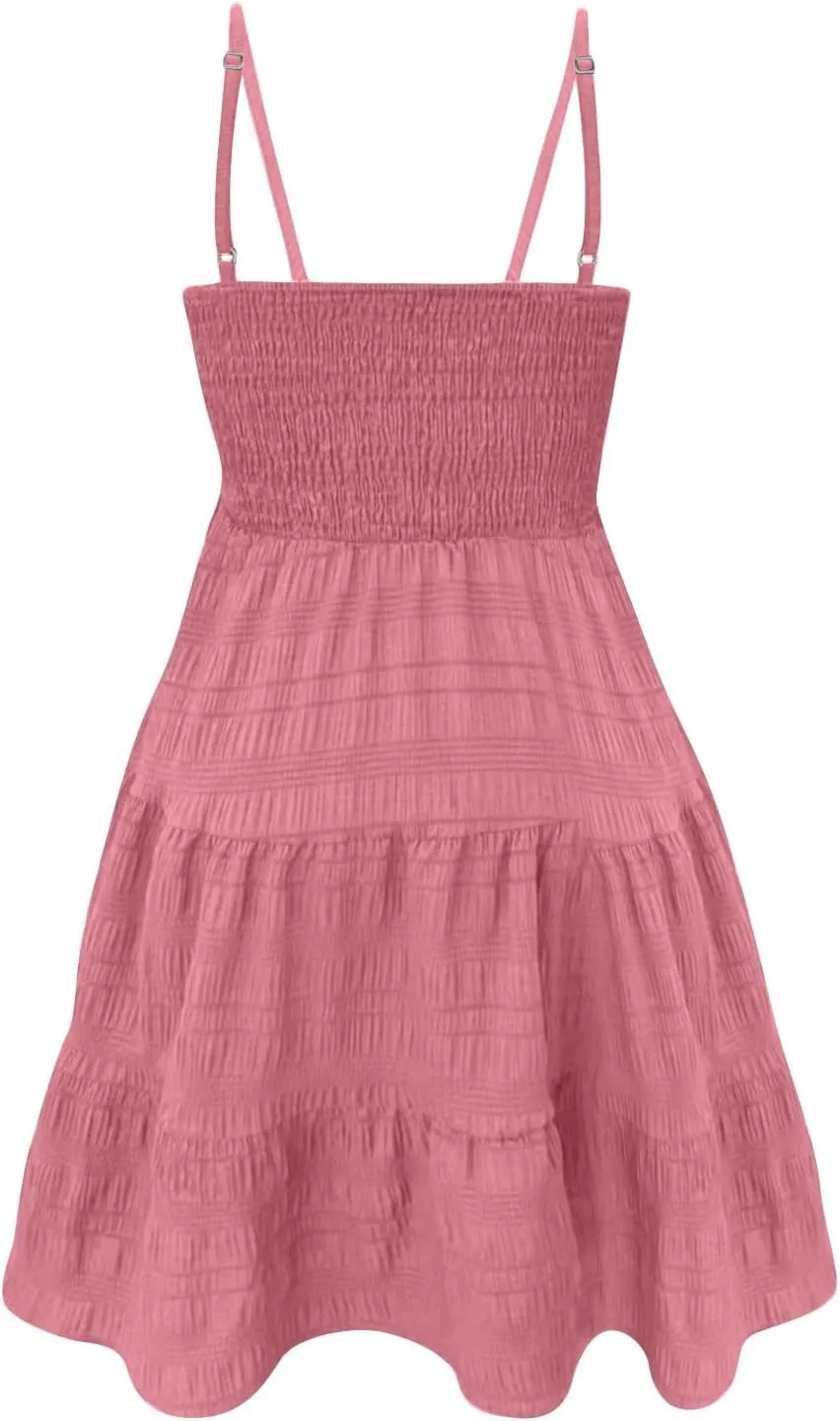 Sundresses for Women Cute Spaghetti Strap Smocked Tiered Mini Dress Casual Summer Boho Flowy Swing Beach Sun Dresses