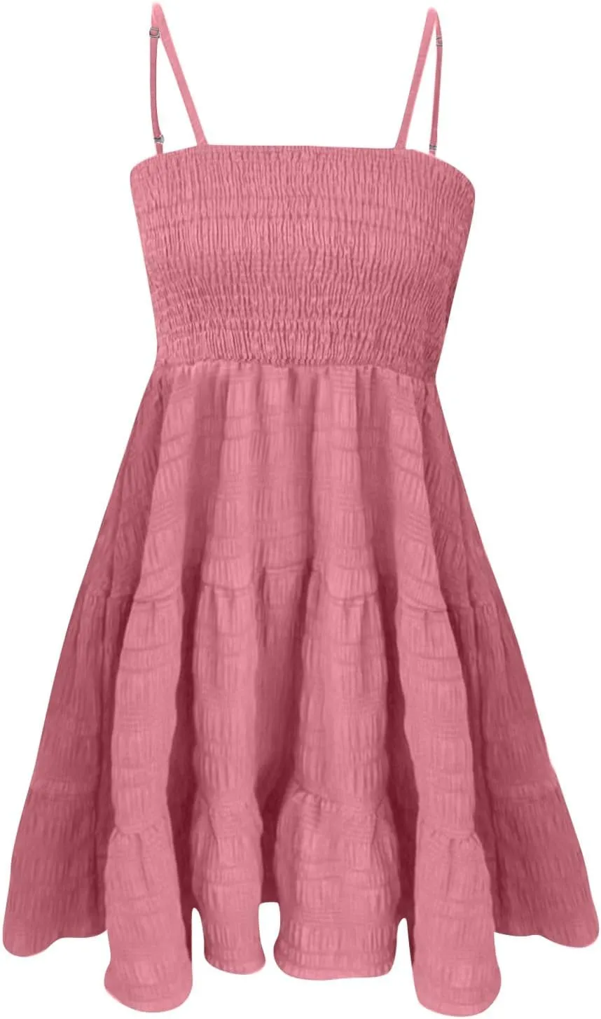 Sundresses for Women Cute Spaghetti Strap Smocked Tiered Mini Dress Casual Summer Boho Flowy Swing Beach Sun Dresses