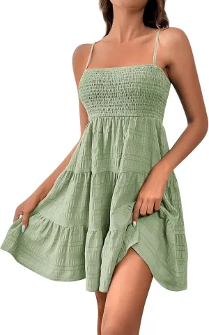 Sundresses for Women Smocked Spaghetti Strap Square Neck Mini Babydoll Dress Casual Summer Flowy Tiered Ruffle Dress